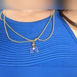 Blue Ribbon Gold Chain Necklace Kawaii Sailor Moon Venus Coquette New